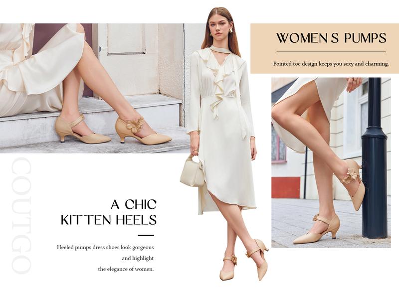 Coutgo Women's Low Kitten Heels Dressy Shoes Comfortable Closed Toe Flower Slip On Formal Party Dance Heeled Pumps Classy Fashion Decor Footwear