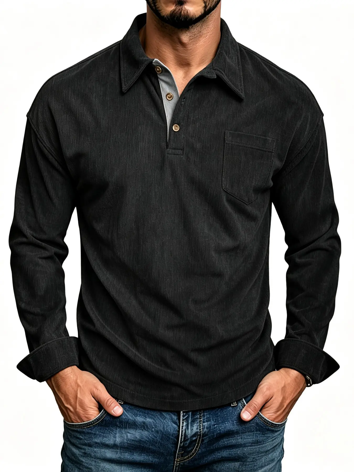 Men Classic Workwear Corduroy Long Sleeve Polo Shirt Casual, Regular Fit Solid Black With Chest Patch Pocket, Soft Comfortable Fall Winter Top for Everyday Office Occasion