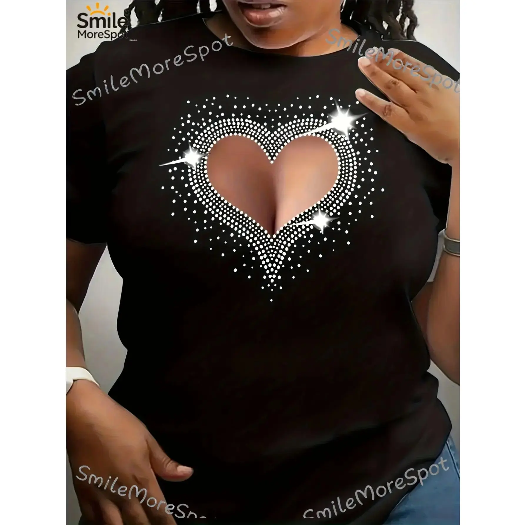 Women's Black Casual T-Shirt with Sparkling Heart Print - Soft -Spandex Blend Stretchy & Breathable Round Neck Short Sleeve Blouse Top Machine Washable for Spring Summer Fall Casual Attire Ladies T-Shirts for Casual Outfits &