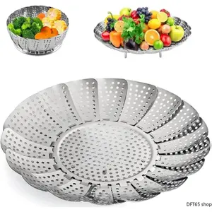 Expandable Collapsible Stainless Steel Steaming Basket Detachable Legs And Side Handle Perforated Mesh Surface Dishwasher Safe Multi Caliber Pot Compatible Fruit Vegetable Daily Cooking Steam Rack