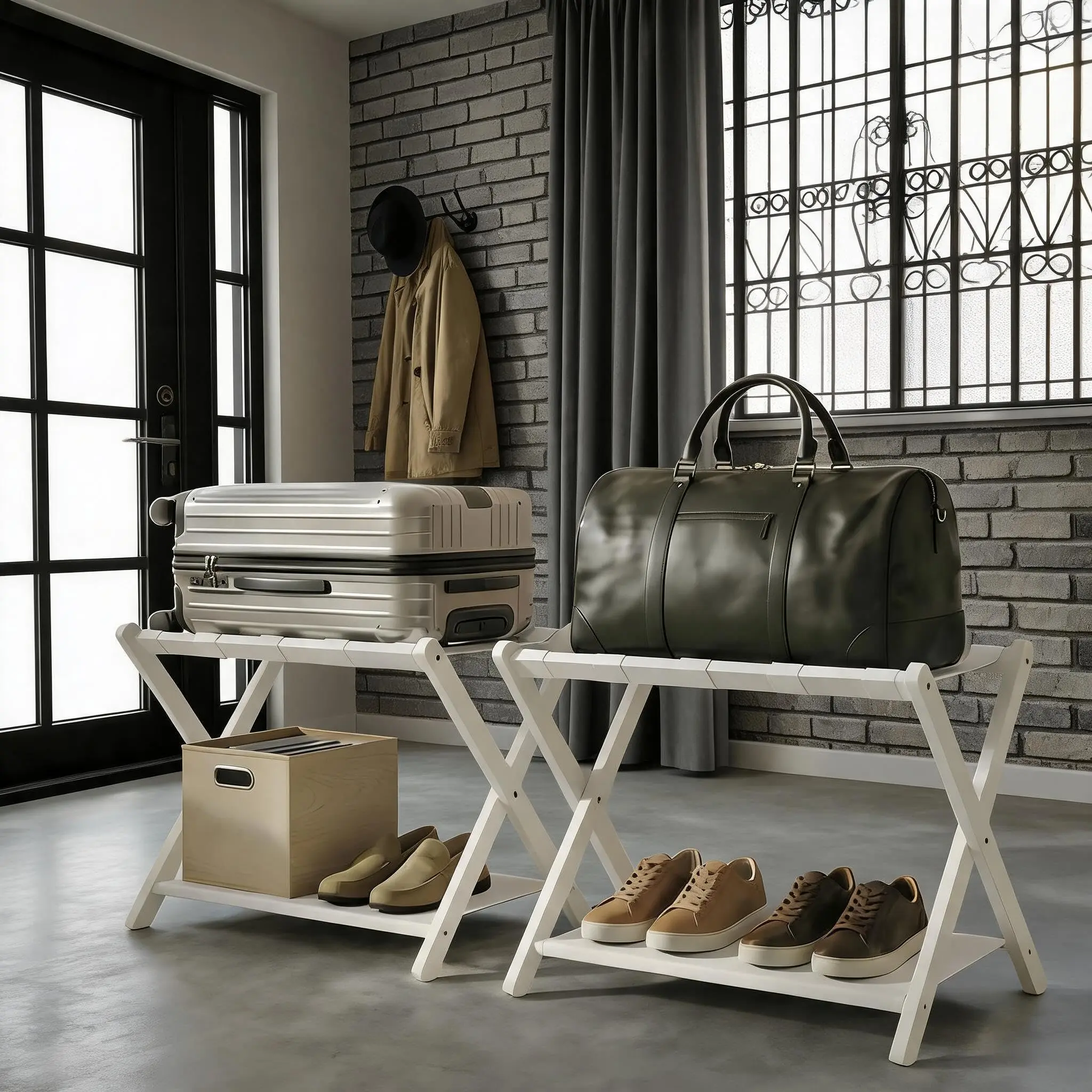 GARVEE Bamboo Luggage Rack Folding Suitcase Stand with Storage Shelf, Available in Single or 2 Pack, Ideal for Hotel Guest Rooms and Bedrooms, Multiple Finishes Including White, Brown, Black, and Walnut
