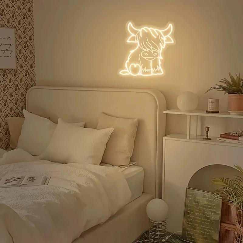 Highland Cow LED Neon Sign, Adjustable Brightness Wall-Mountable USB Powered Home Bedroom Party Decoration Christmas Gift Idea Ambient Decoration Lamp