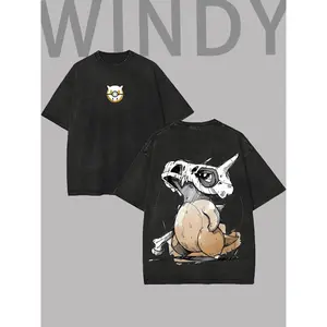 Double-Side Men Water Washed Streetwear Brand Street Style 100 Percent Cotton T Shirt Front And Back Print With Pokemones Inspired Design And Dinosaur Skull Art For