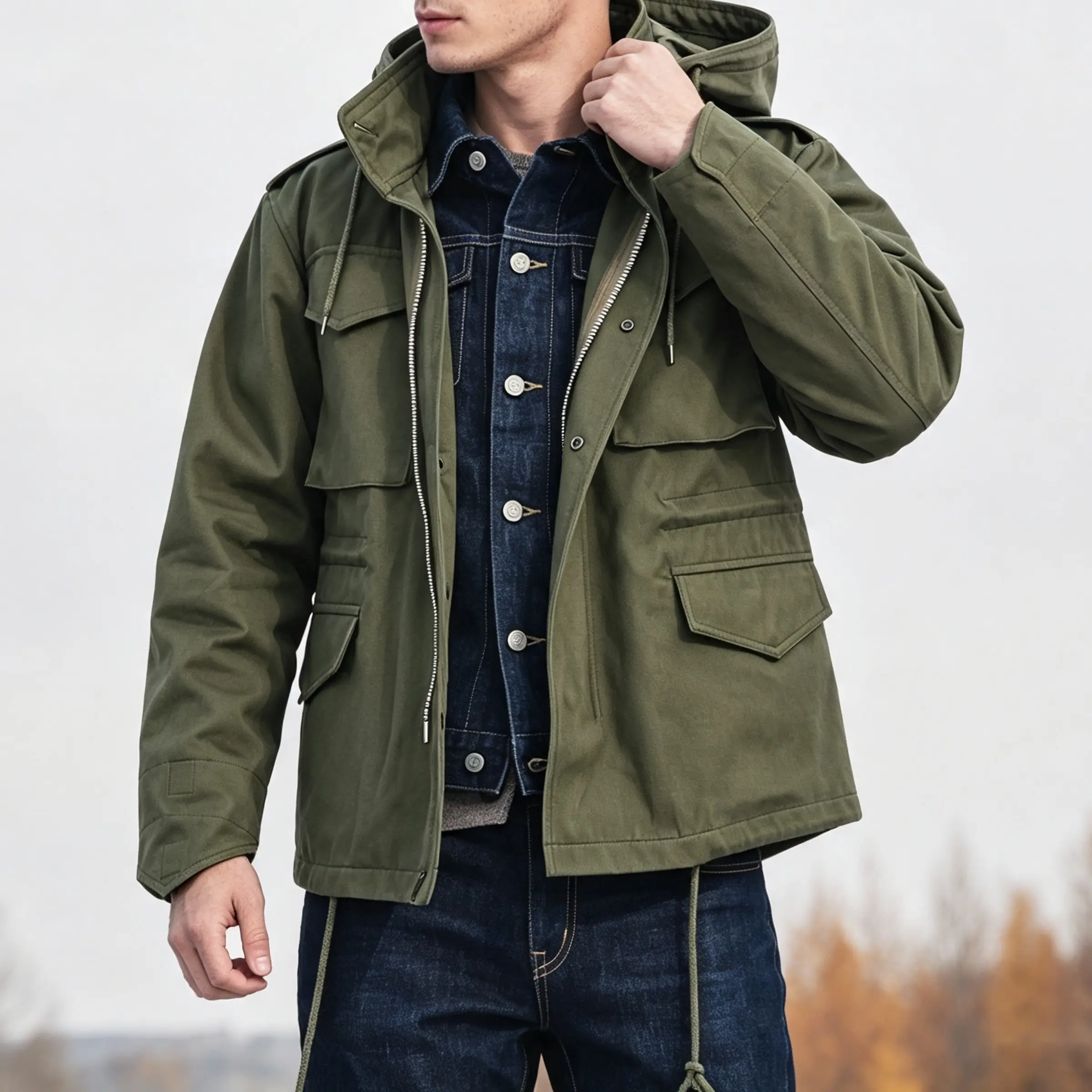 Menswear Cotton Plain M65 Field Jacket - OG107 Military Cargo Windbreaker, 1971 Vintage Aluminum Zipper Hooded Tactical Long Sleeve Men's Tops & Clothes for Outdoor Everyday Use