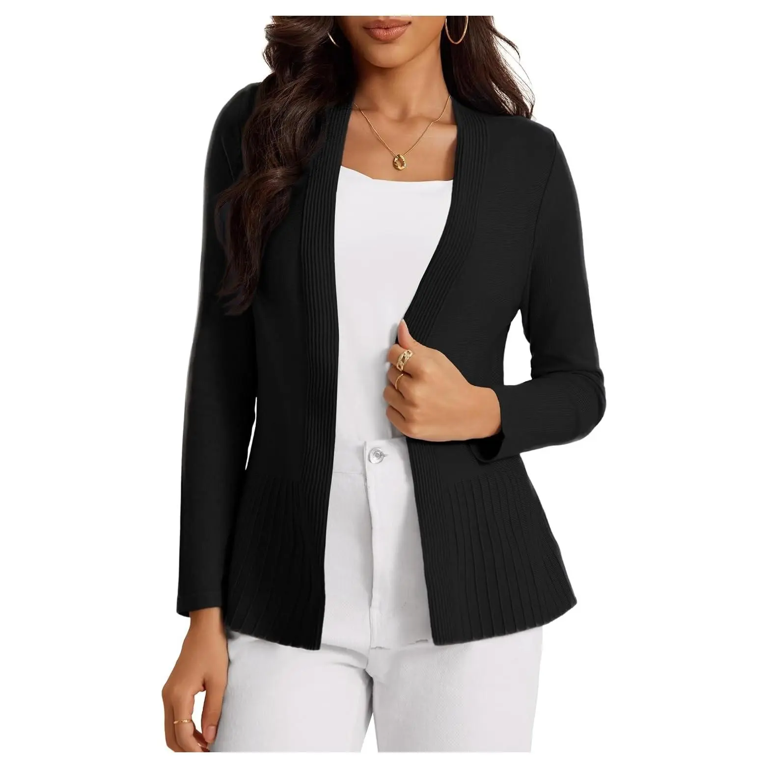 Women's Lightweight Ribbed Knit Peplum Cardigan, Open Front Draped Long Sleeves, Viscose Blend, Office Business Casual, Perfect for DressGift