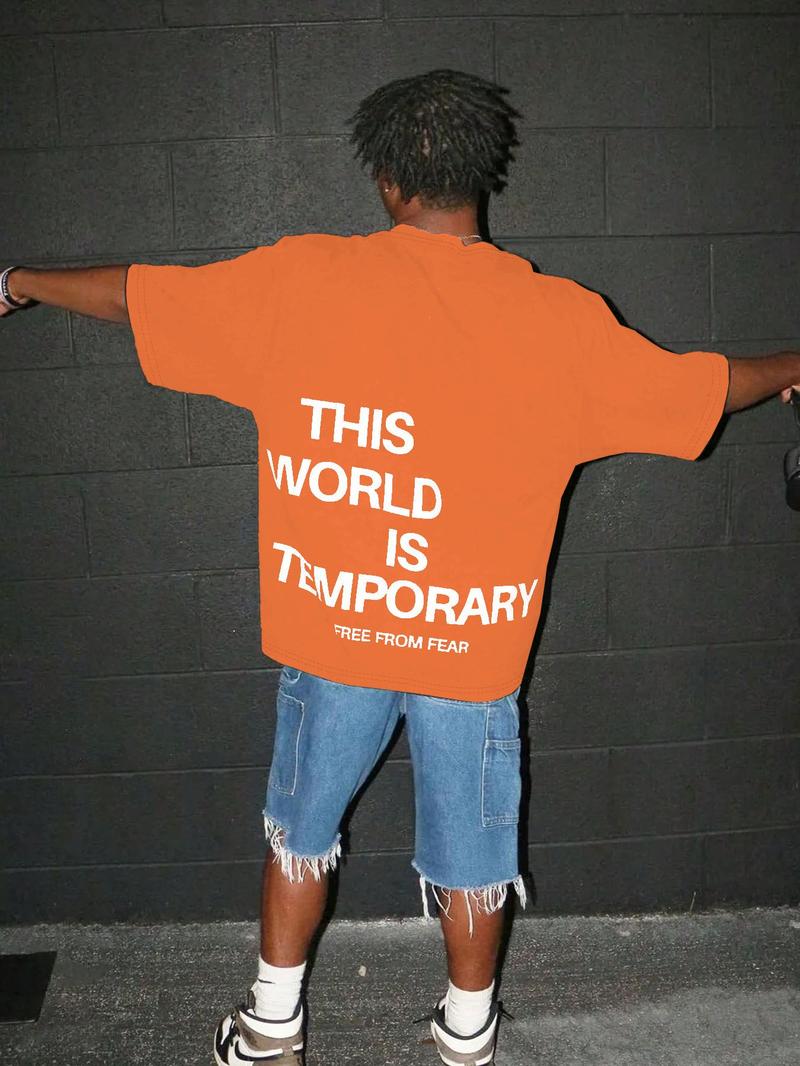 Men's Plain "THIS WORLD IS TEMPORARY" Letter Print Short Sleeve Graphic Tee, Loose Casual Comfy Round Neck T-shirt for Summer, Fashion Men's Top for Daily Wear