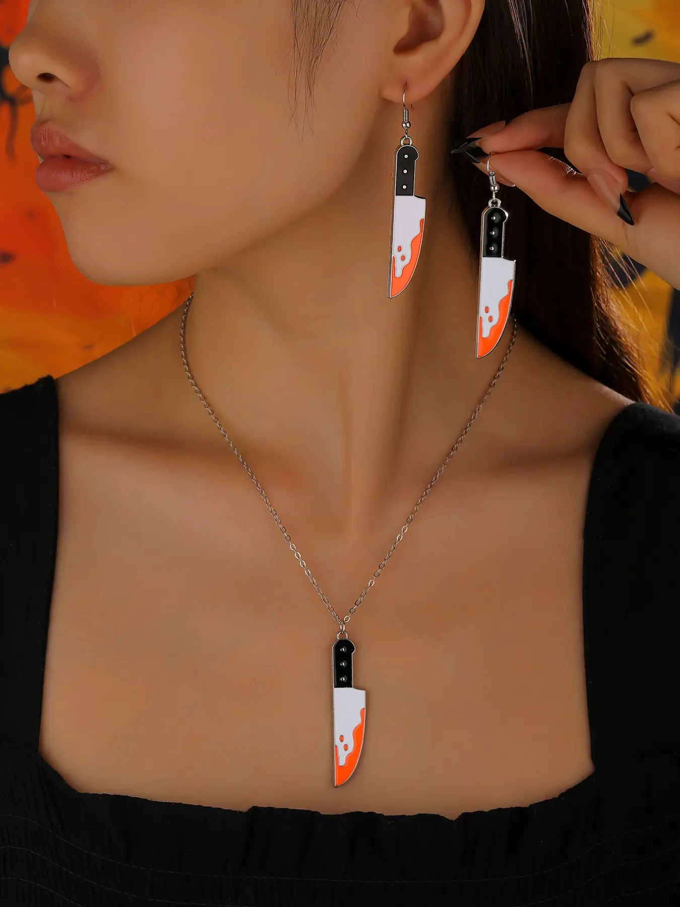 Halloween Knife Pendant Set, Funny Exaggerated Realistic Knife Necklace Earrings Jewelry, Perfect for Women Daily or Festival Wear