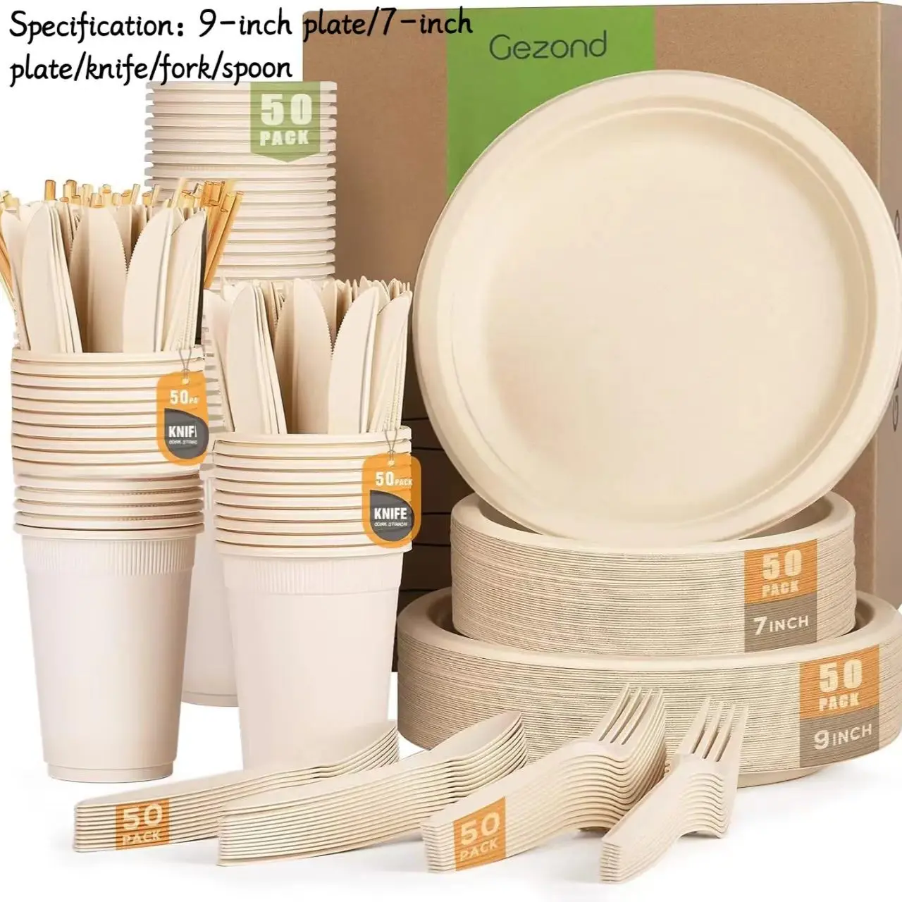 Compostable Paper Plates 50pcs, Disposable Plates, Disposable Tableware Supplies, Biodegradable Party Supplies, Suitable for 50 Guests, Includes Cutlery
