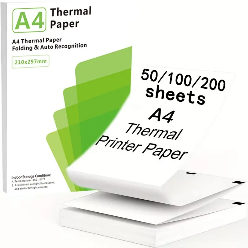 50/100/200 Sheets A4 Thermal Paper, Continuous Folded Printing Paper, Portable Thermal Printer Paper, Foldable Design, Versatile for Home, Office, School, Travel