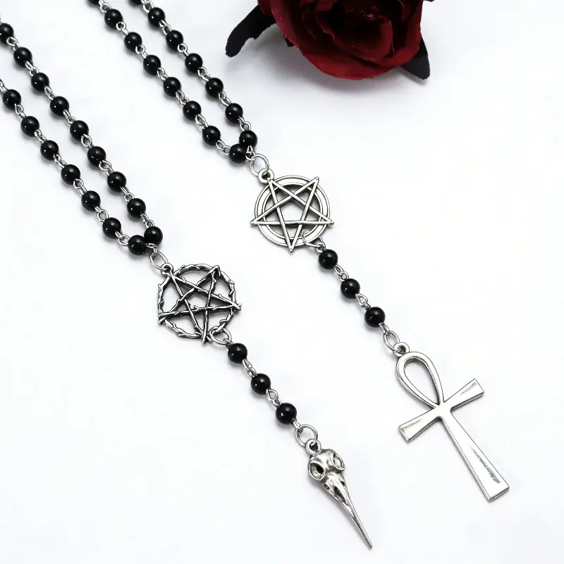 Gothic Pentagram Ankh NecklaceBlack beaded chain with crow skull pendant. Ideal for goth girls, witchy aesthetic & alternative fashion. Edgy occult layering jewelry, stand out with dark vibe Gothic Mystery Jewelry