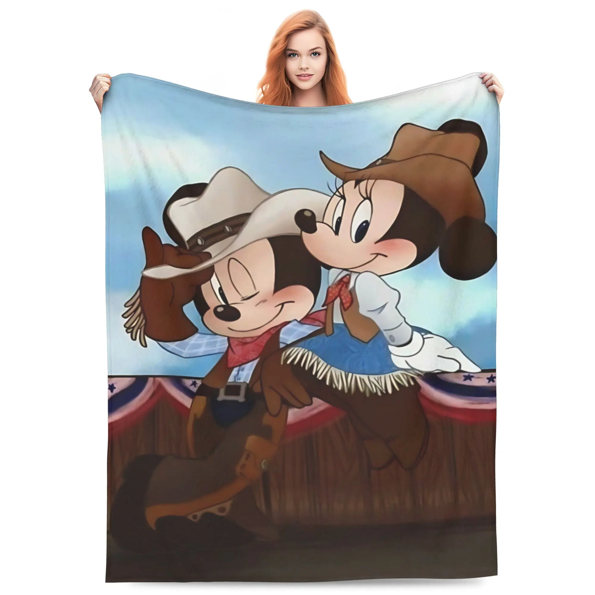 DISNEY CLASSIC Western Cowboy Mickey Minnie Throw Blanket, Rodeo Stage American Flag Fringe Cartoon Print Flannel Fleece Blanket Soft Cozy Blanket for Sofa Bed Gift for Disney Lovers