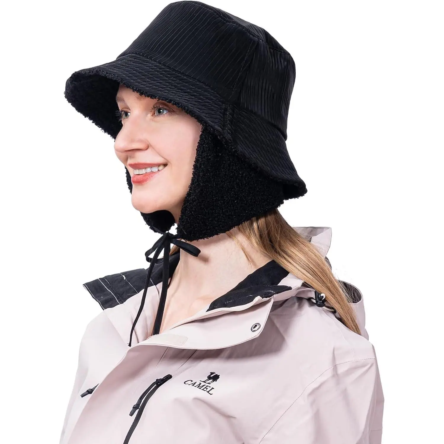 Warm Fleece Waterproof Winter Bucket Rain Hats for Women Girls with Ear Flaps Earmuff Cloche Trooper Trapper Hat