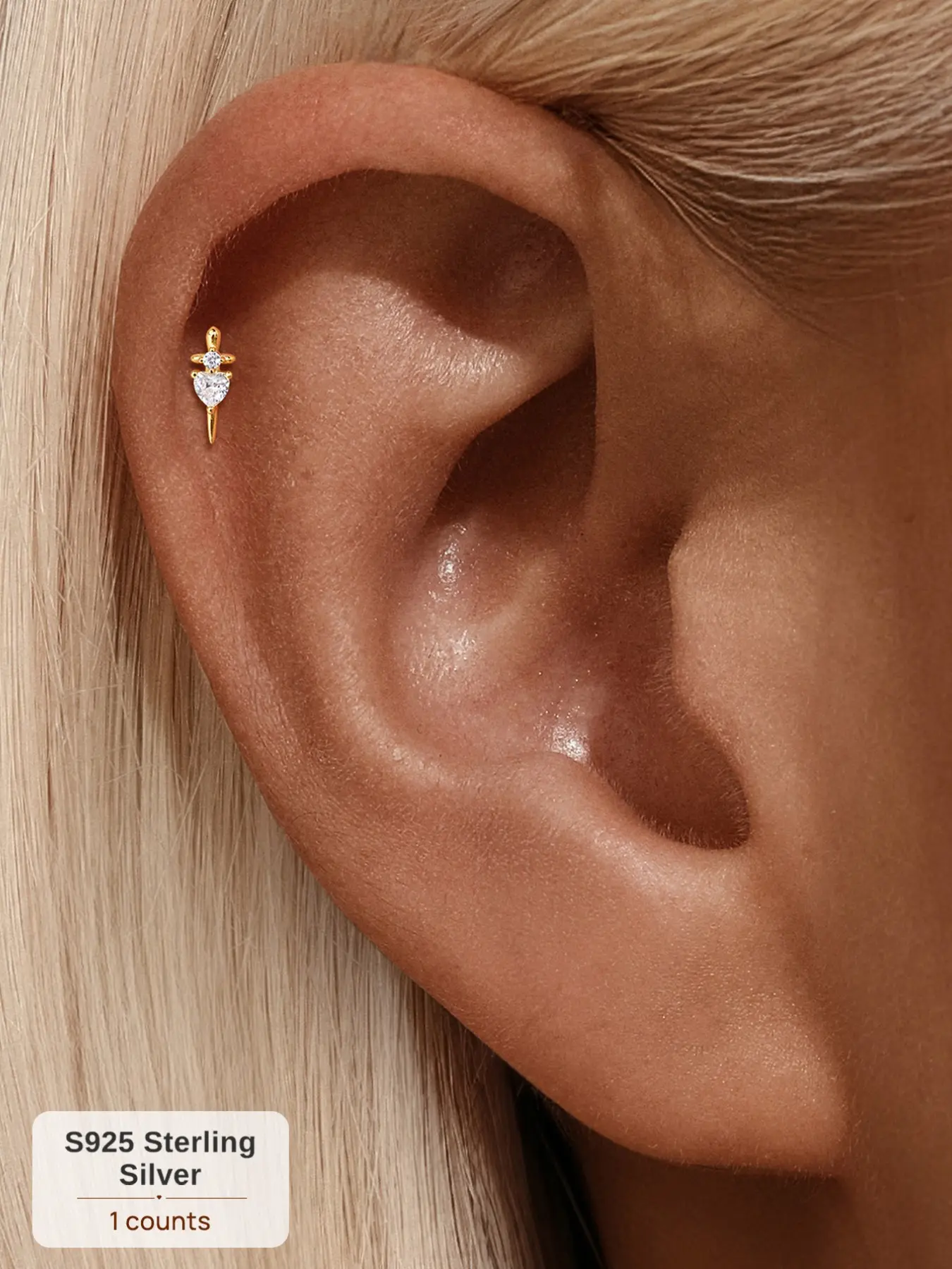 Hypoallergenic 18K Gold Plated Single S925 Sterling Silver Dagger Inlaid Heart Cubic Zirconia Threaded Flat Back Cartilage Piercing Earring Stud Tarnish Free Dainty Everyday Wear Jewelry For Women Girls Perfect Birthday Gift