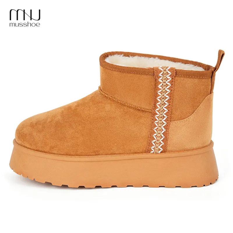 MUSSHOE Women's Classic Round-Toe Short Ankle Platform Mini Boots - Slip-On, Platform Lift, Warm Faux Fur Fleece Lined, Memory Foam Insole, Soft Durable Suede Upper, Breathable Textured Side Footwear for Evening, Outdoor Use