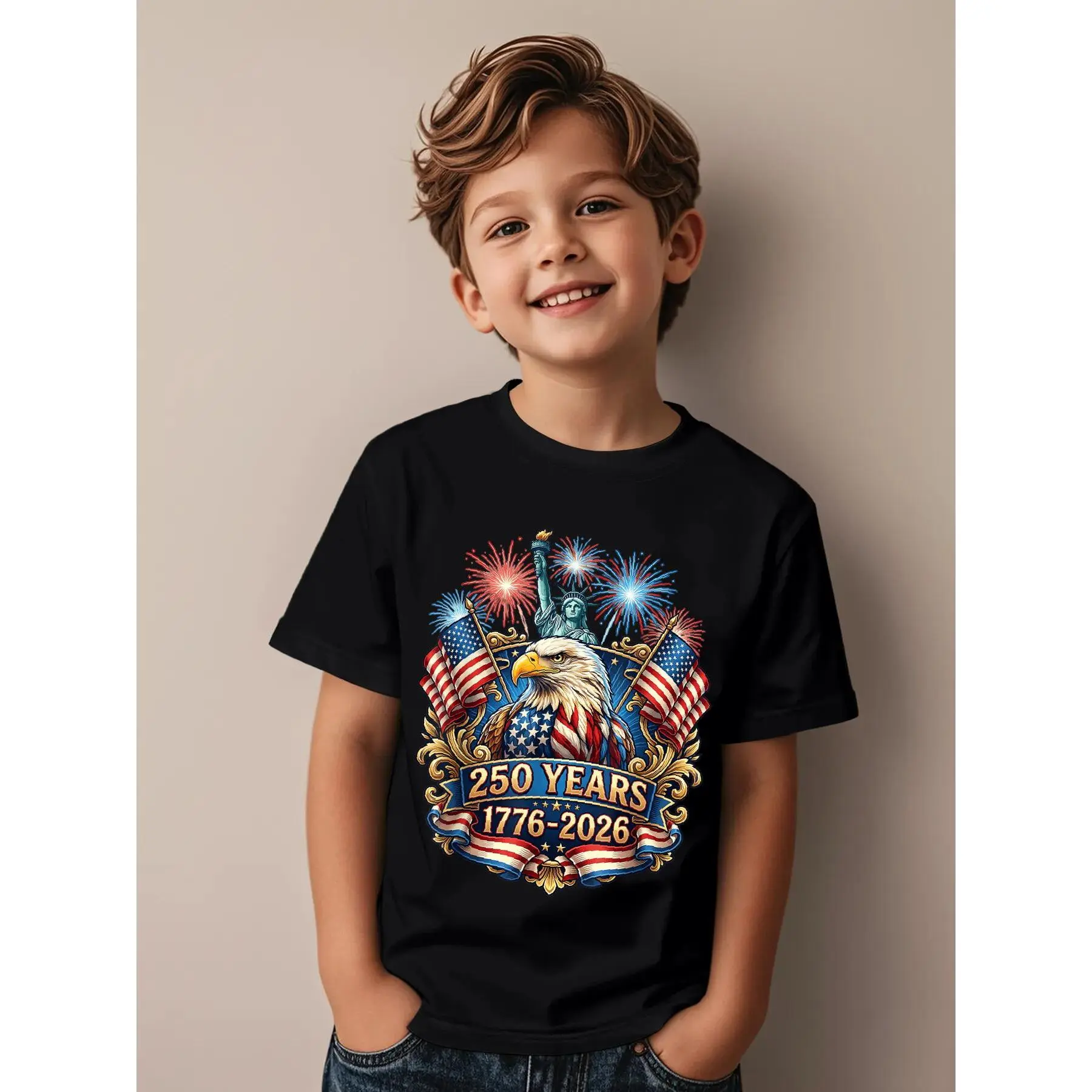 Kids' 250th Anniversary USA Patriotic 4th of July Funny Aesthetic Graphic Printed Tshirt, Cotton Casual Tee, Boys Style Street Fashion Top