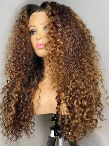 Ombre Honey Blonde Soft Long 26 Inch 180 Density Natural Kinky Curly Front Lace Wig, Glueless Heat Resistant Synthetic Hair, Daily Wear Pre-plucked