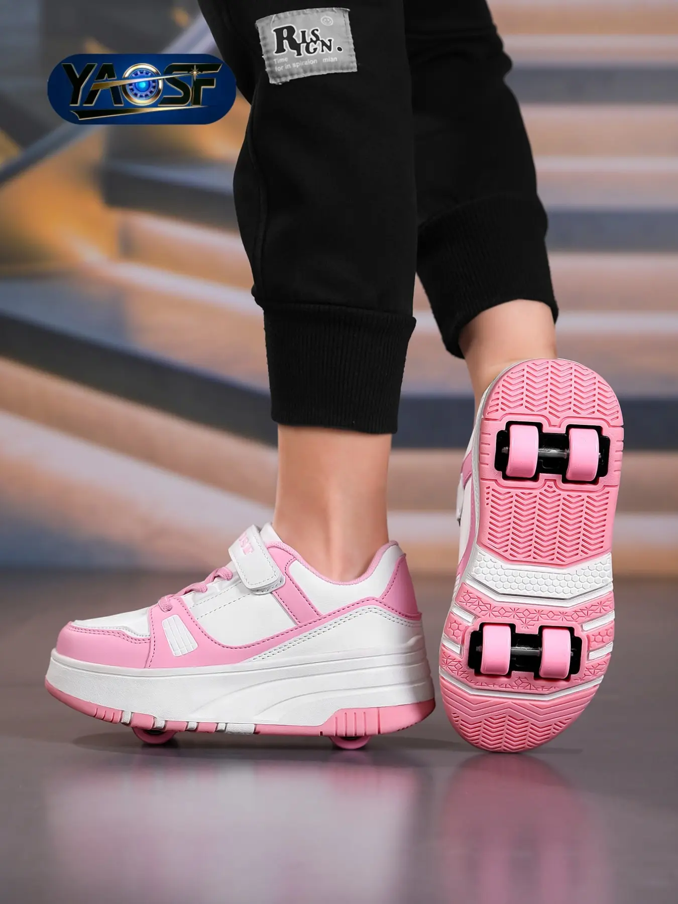 Yaosf Detachable Four-Wheel Roller Skates, PU Wheel, Velcro Strap, Anti-Slip Thick Sole, Unisex Kids Skate Shoes, All-Season Outdoor Sneakers