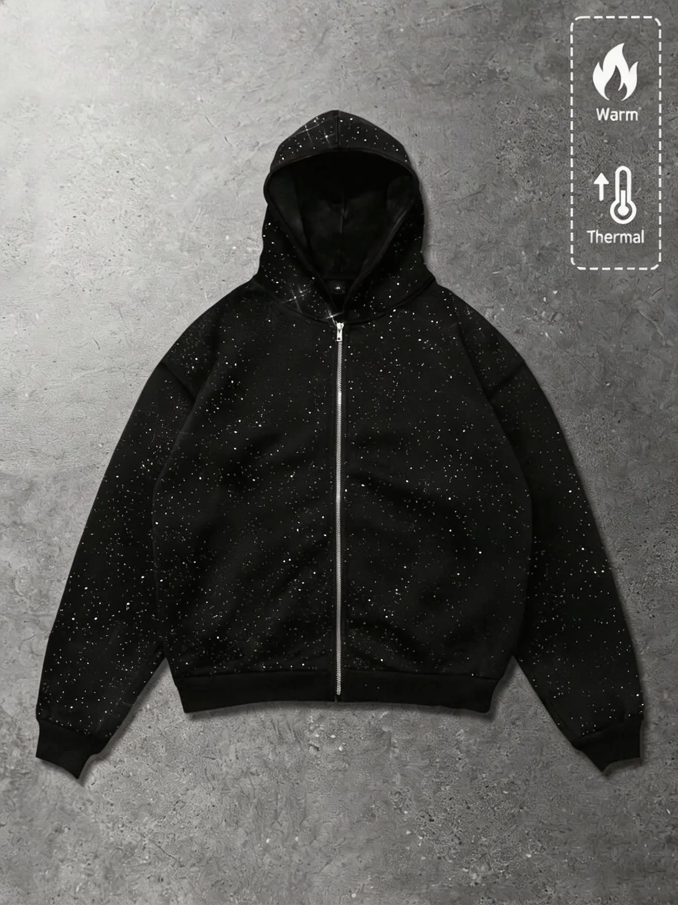 Glittery, fleece-lined, warm, zip-up hooded cardigan/sweatshirt; all-over glitter, full zip-up men's jacket, black, loose fit, casual, unisex, suitable for everyday wear, high-street fashion, trendy street style.