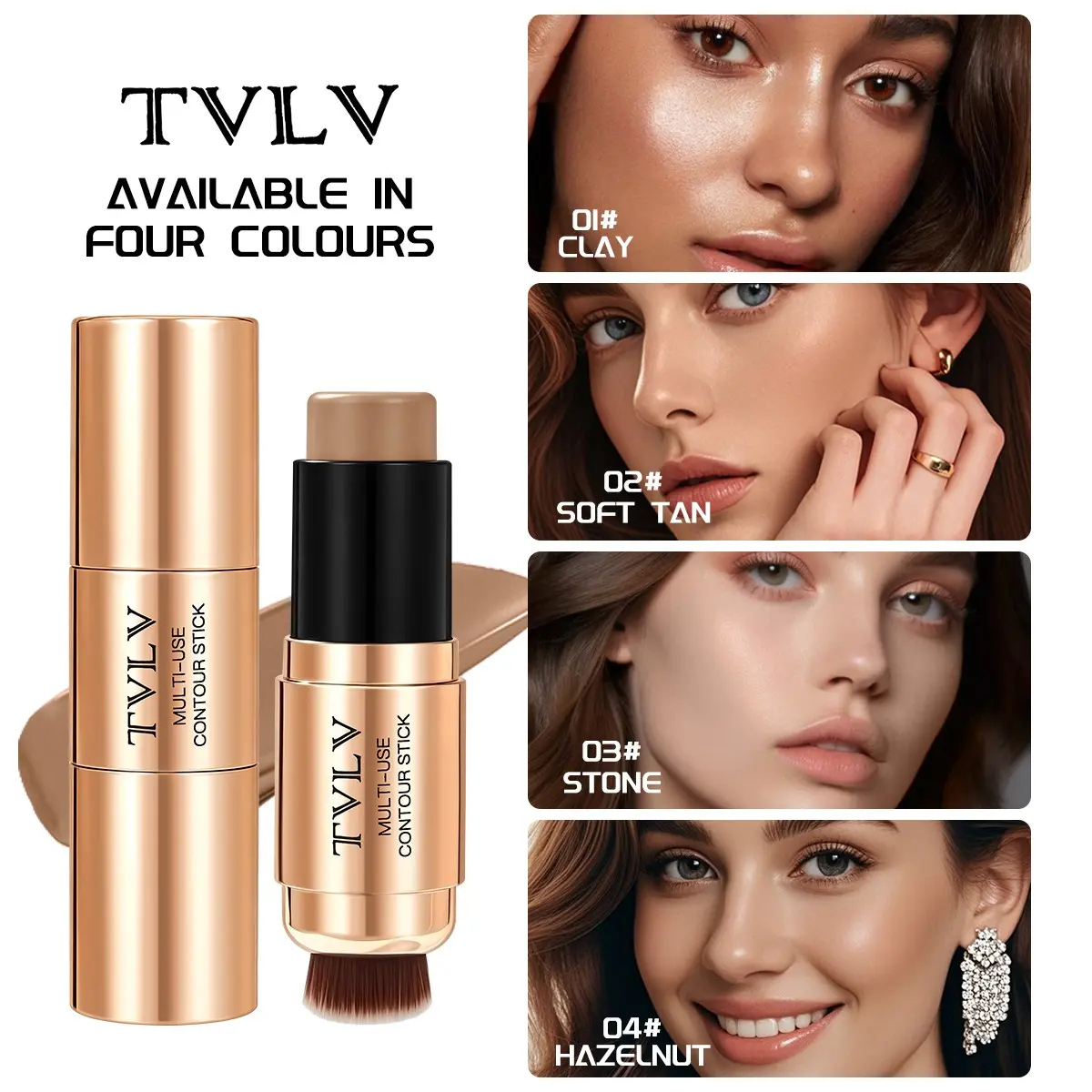 2 In 1 Cream Contour Stick with attached brush, Face Contour, Facial Contouring Makeup, 4 shades natural longwear highlighter shadow makeup for beginners women daily makeup