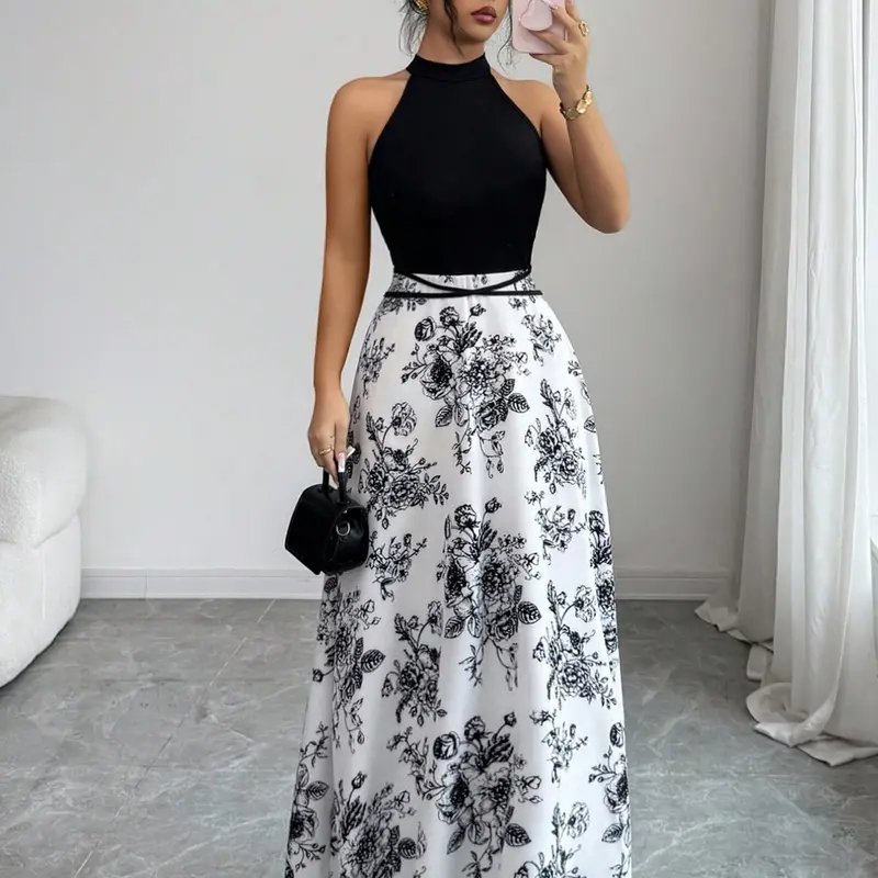 Women's French-Inspired Summer Dress, Black-and-White Floral Sleeveless Dress with Patchwork Design & Fitted High Waist for Parties, Elegance