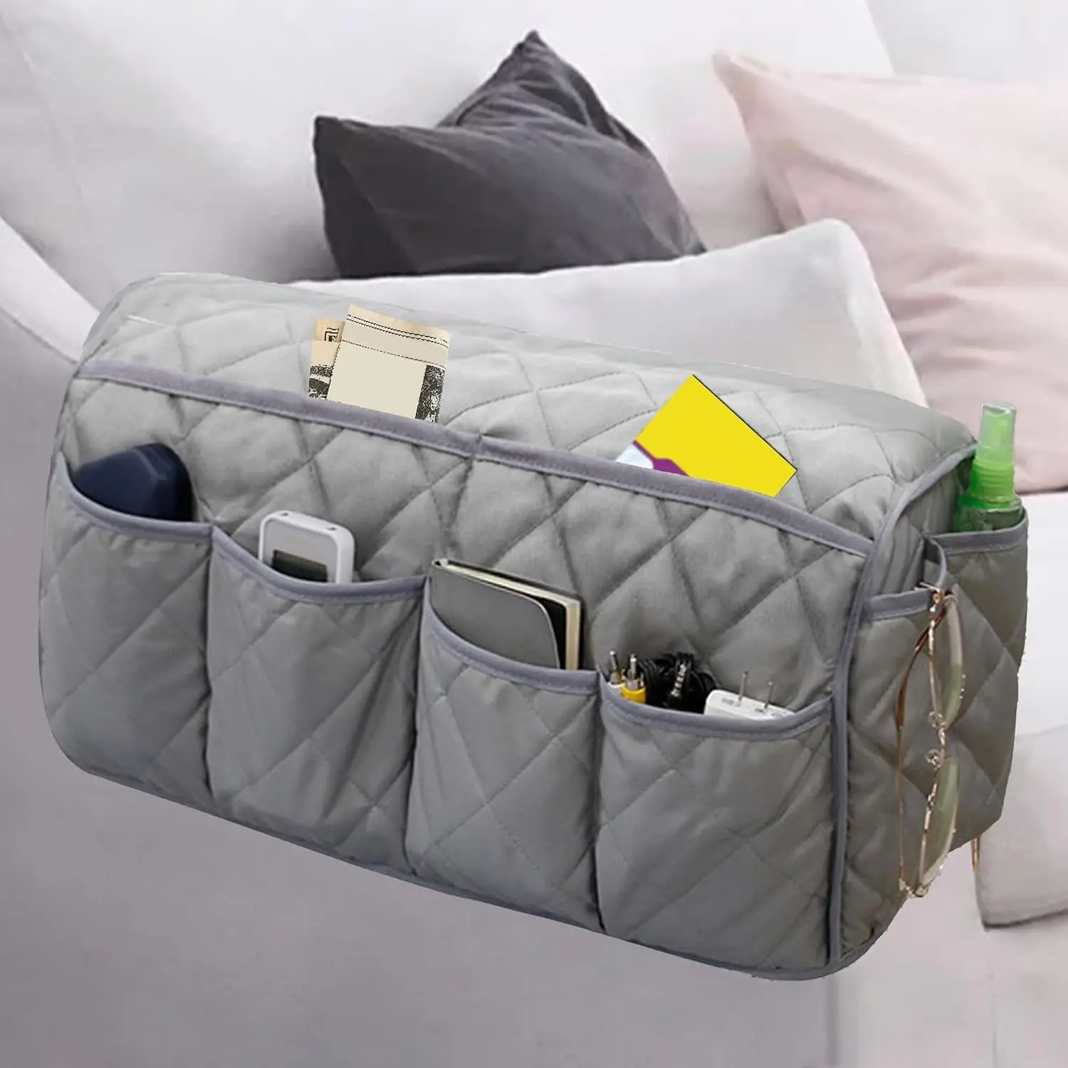 Armchair Caddy, Waterproof Sofa Armrest Organizer, Non Slip Recliner Organizer, Remote Holder for Recline, Recliner Caddy with 14 Pockets Storage for TV Remote, Phone, Magazine (Grey)