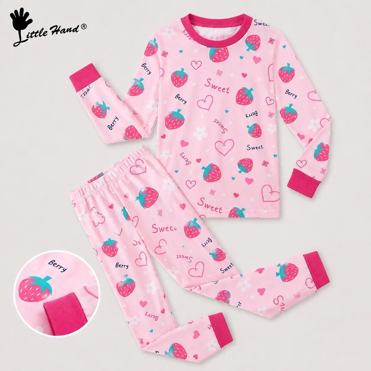 **Little Hand Premium Soft Cotton Girls Pajama Set - Strawberry Heart Themed Long Sleeve Sleepwear for Toddler Girls, 2-Piece Top & Pants Pajamas, Crew Neck, Elastic Waist, Ribbed Cuffs, Soft Breathable Comfy Sleep & Lounge Set, All-Season**