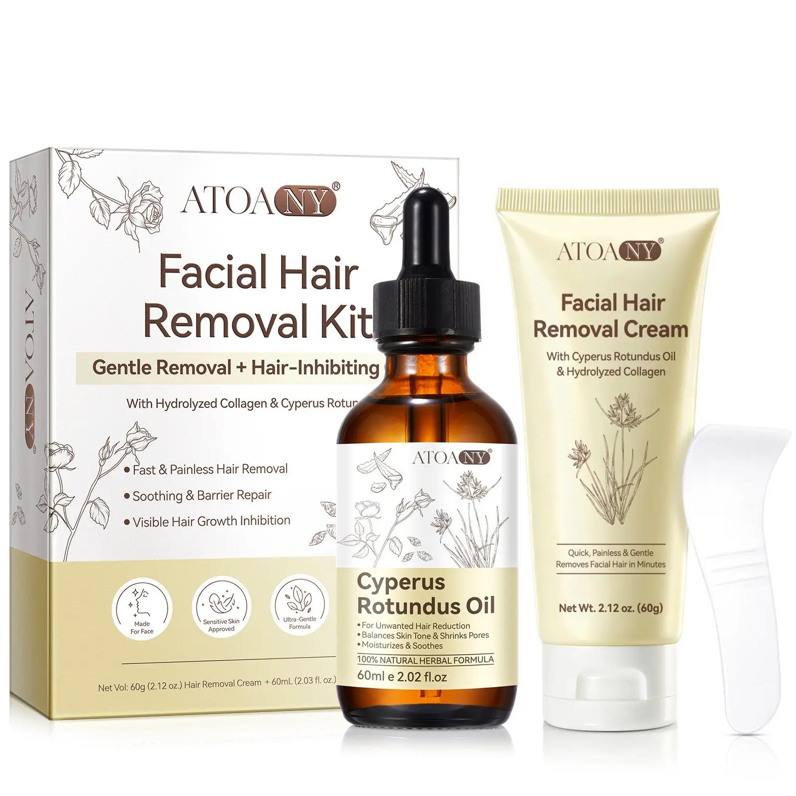 Atoany Facial Hair Removal Kit, Includes Depilatory Cream & Angelica Oil, Collagen & Angelica Oil, Quick Pain-Free Hair Removal
