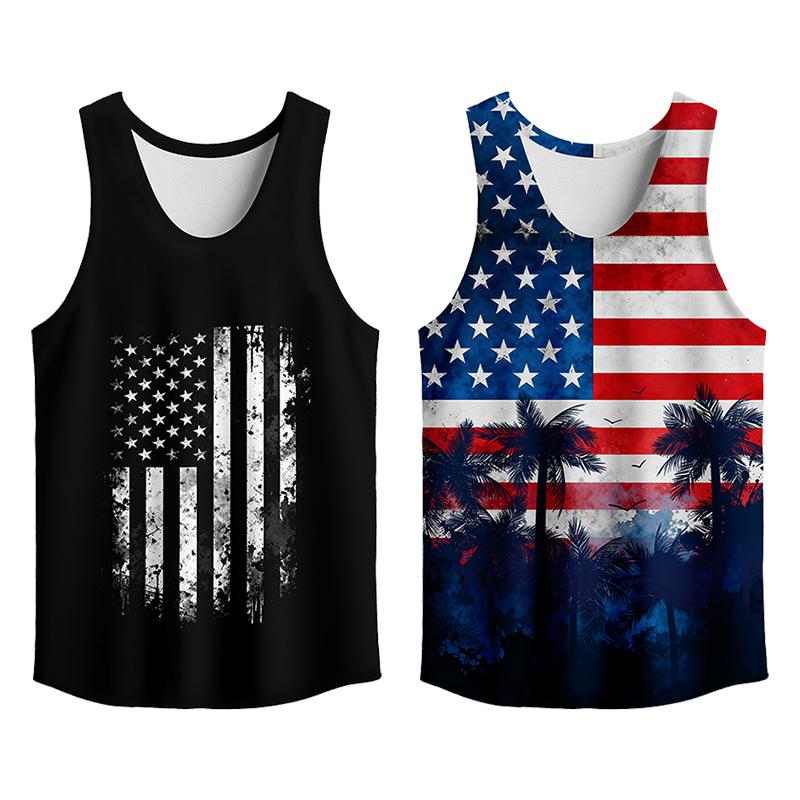 Stylish 2 Pack USA Flag Print Tank Top, Summer Men Clothes Slim Fit Apparel, Trendy T-shirts Big and Tall Gym Workout Running Tee, Comfy Casual Sleeveless