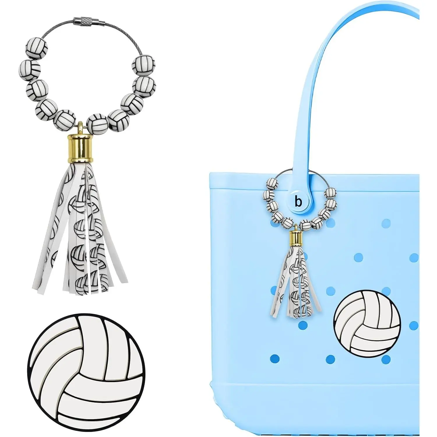 2 Pcs Volleyball Beaded Charms with Tassels for Bogg Bags – Sporty Beach Bag Accessories, Compatible with Simply Southern & Other Rubber Beach Bags