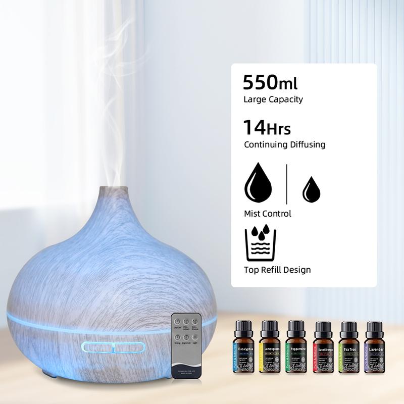 Wood Grain Essential Oil Diffuser  550ml, Remote Control, Ultrasonic & Whisper Quiet  with 6 Premium Oils