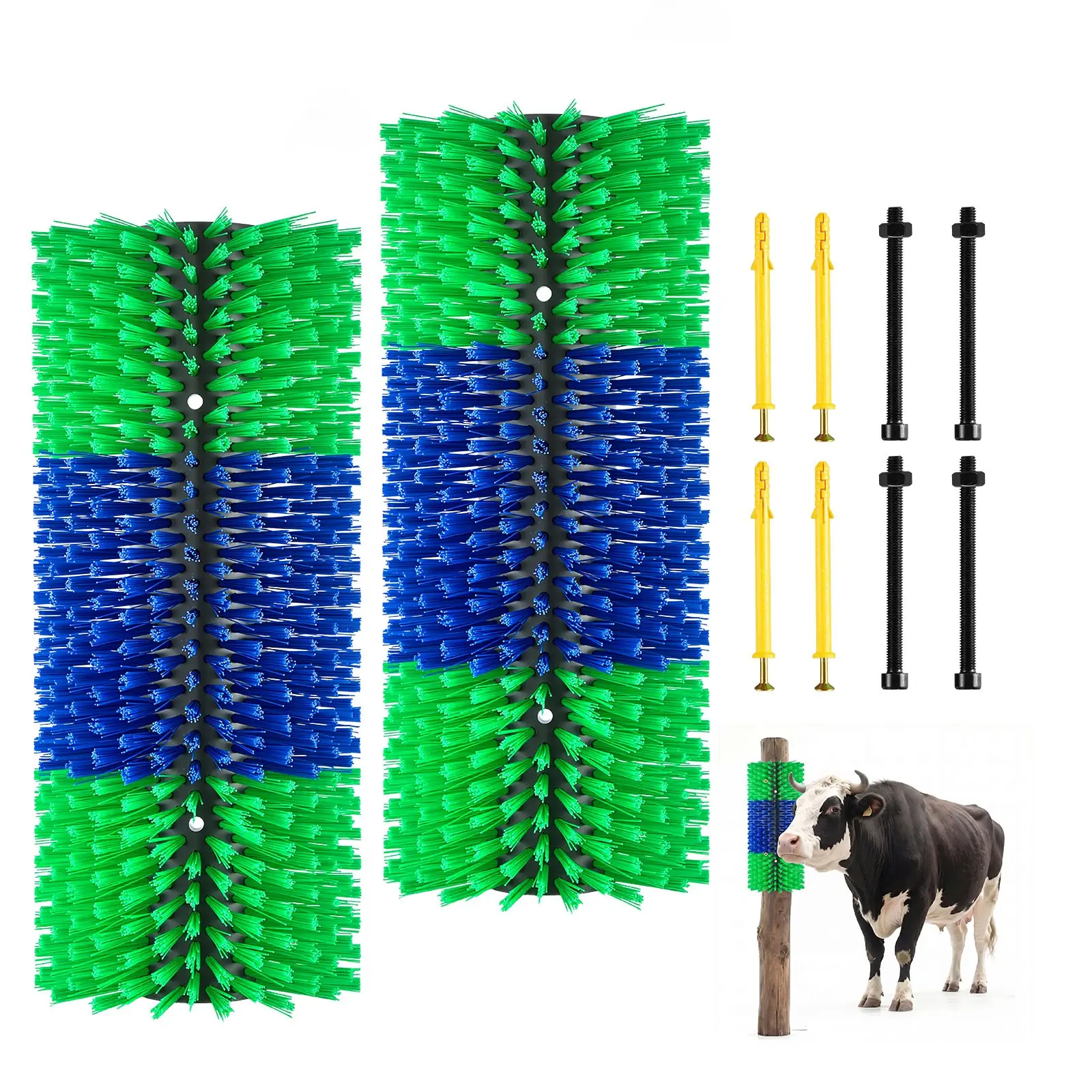 VEVOR Livestock Scratching Brush Set Pack, 2PCS 16.9"x7.5" Goat Scratcher Post with 8 Screws, Green Blue Scratch Tools for Cattle Horse Back Itch Relief, Massage Grooming