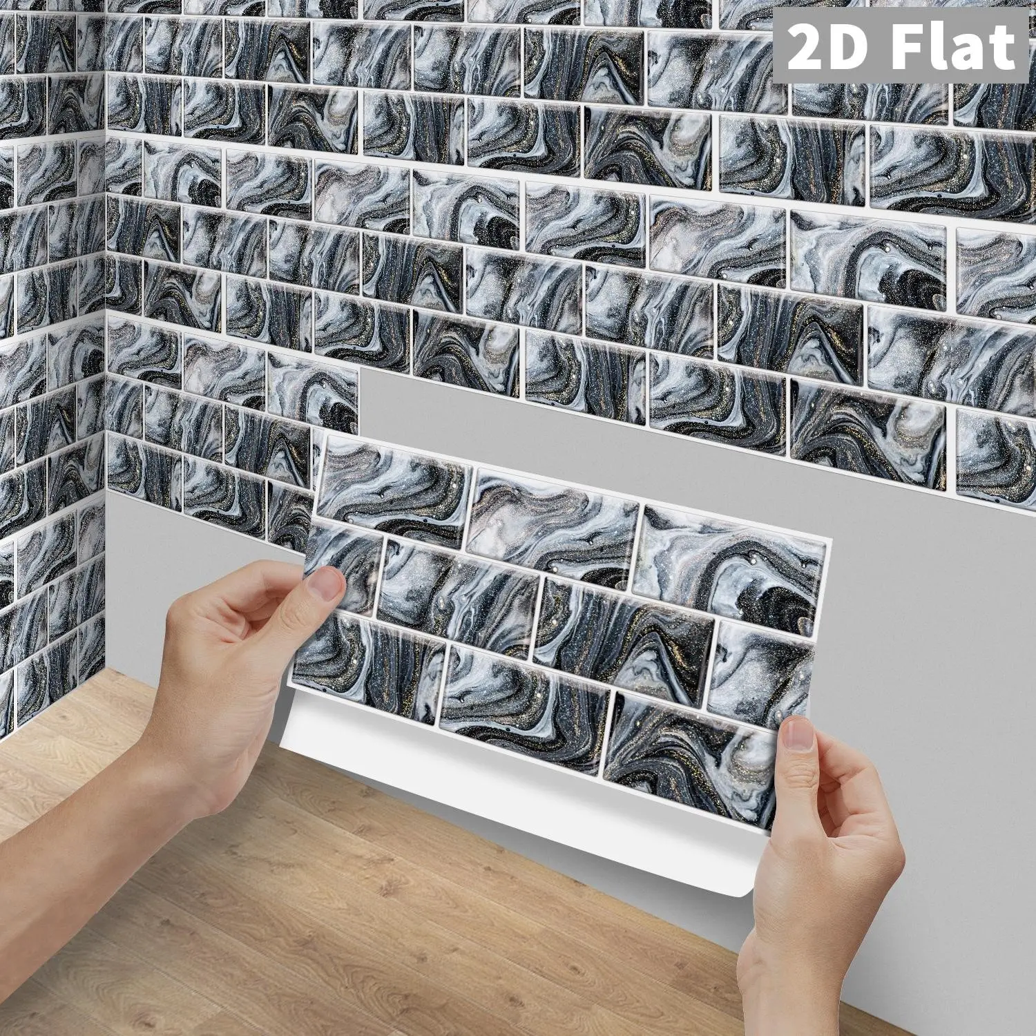 6/12/24/48Pcs FG Black Gold Vein Marble Peel and Stick Backsplash Tiles, Waterproof Self-Adhesive PVC Crystal Decorative Wall Stickers for Kitchen Bathroom DIY Decor