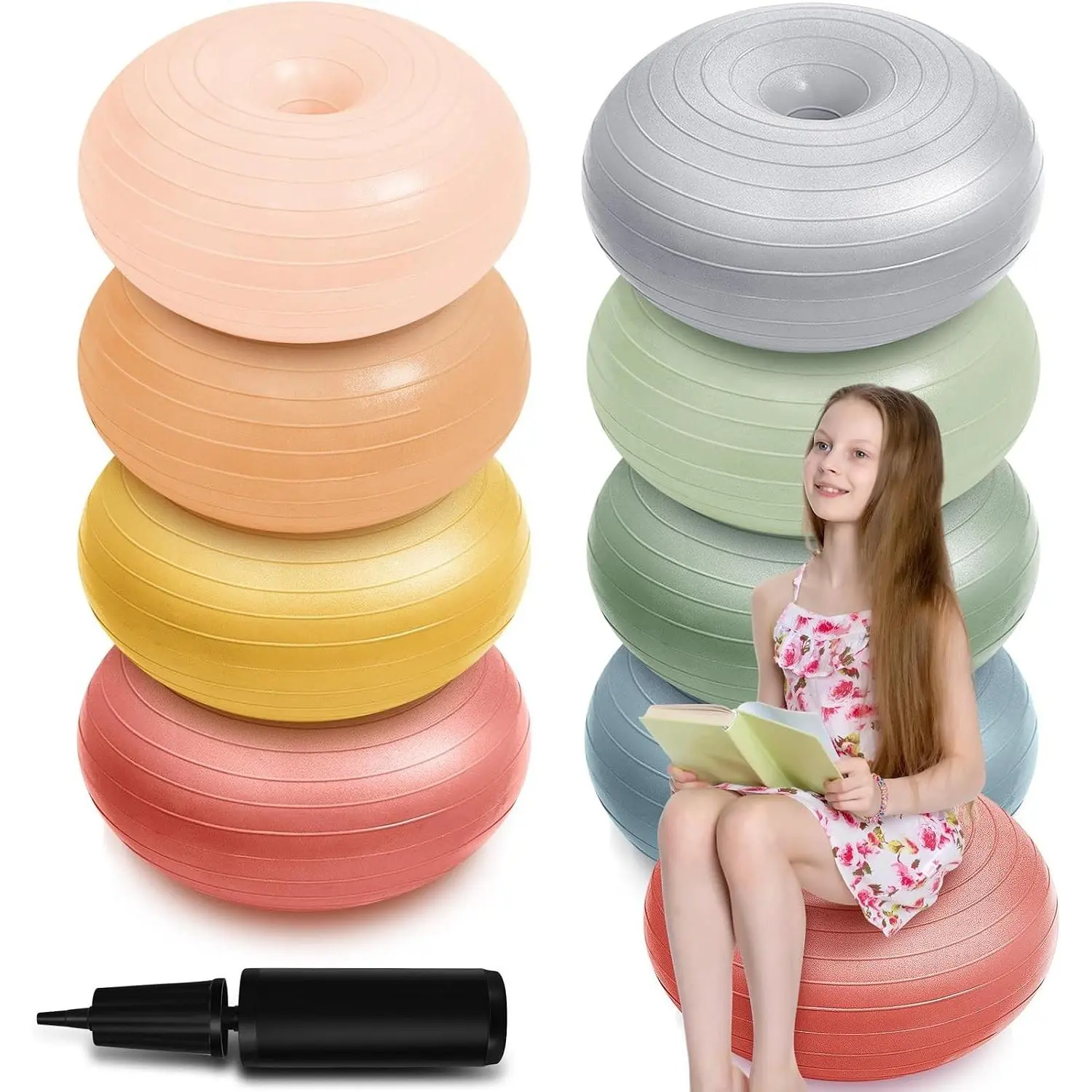 8 Pcs Flexible Seating for Classroom Elementary Inflated Wobble Chair for Sensory Kids 20 Inch Yoga Ball Chairs Large Donut Ball Seats with Inflator for Classroom Office School(Boho Color)