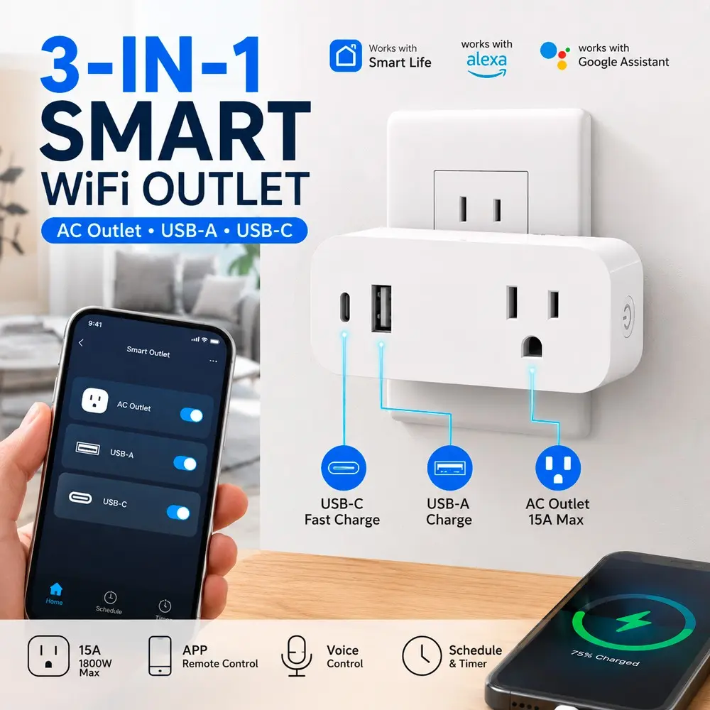 15A Smart In-Wall Outlet Socket with 20W USB C PD Port, Tuya/Smart Life App Remote Control, Voice Control with Alexa Google Home, 2.4G WiFi No Hub Required