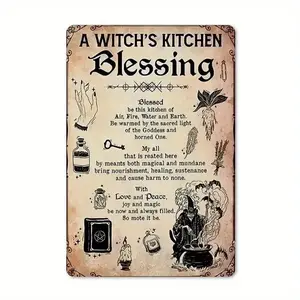 Vintage Witch's Kitchen Blessing Metal Wall Sign, Rustic Farmhouse Style, Durable Aluminum Plaque, Halloween Decor, 20.32x30.48 Cm, Perfect Gift
