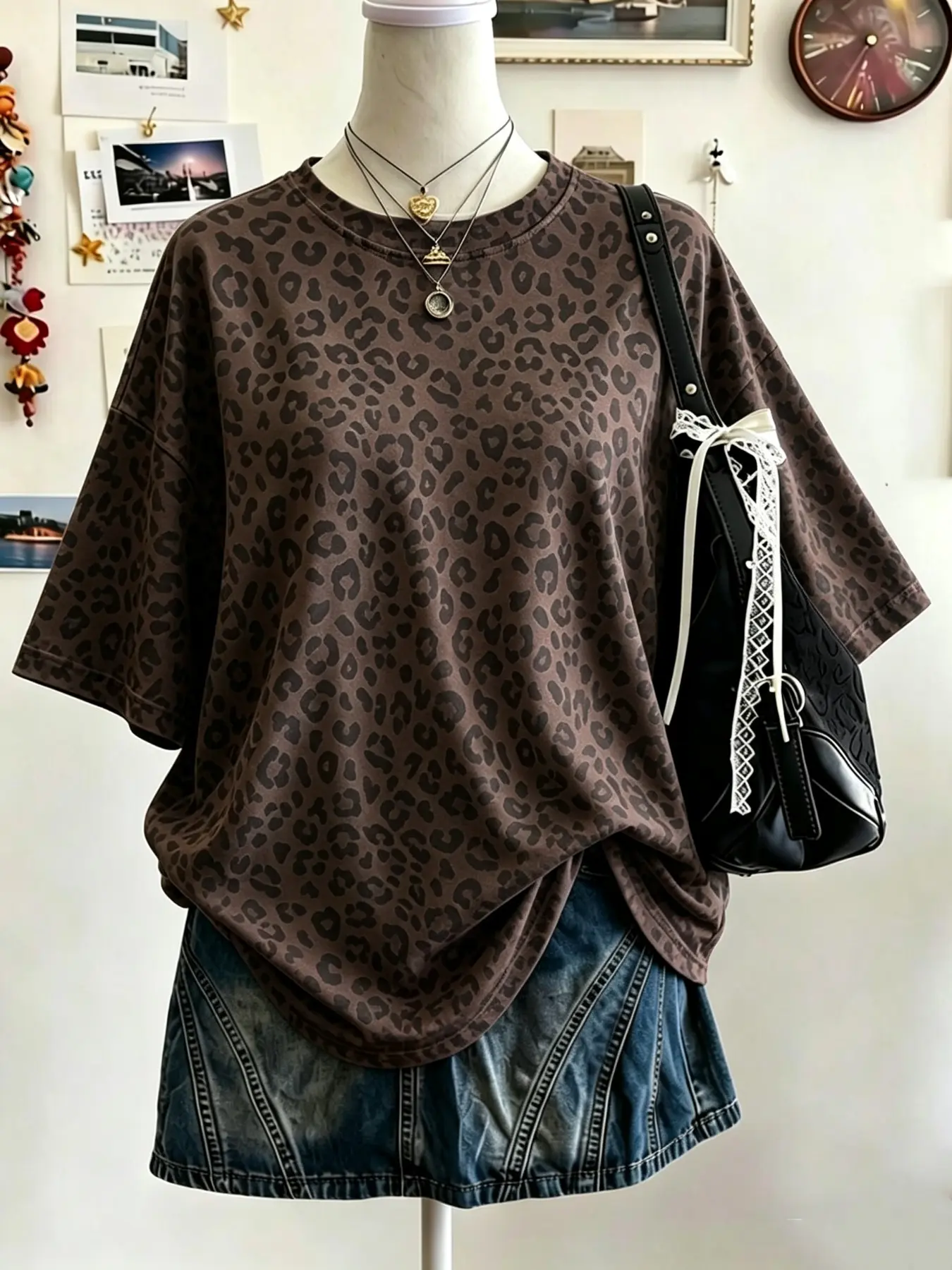 Vintage Leopard Print Oversized Short Sleeve T Shirt Women Casual Loose Fit Trendy Daily Commute Soft Tee Top