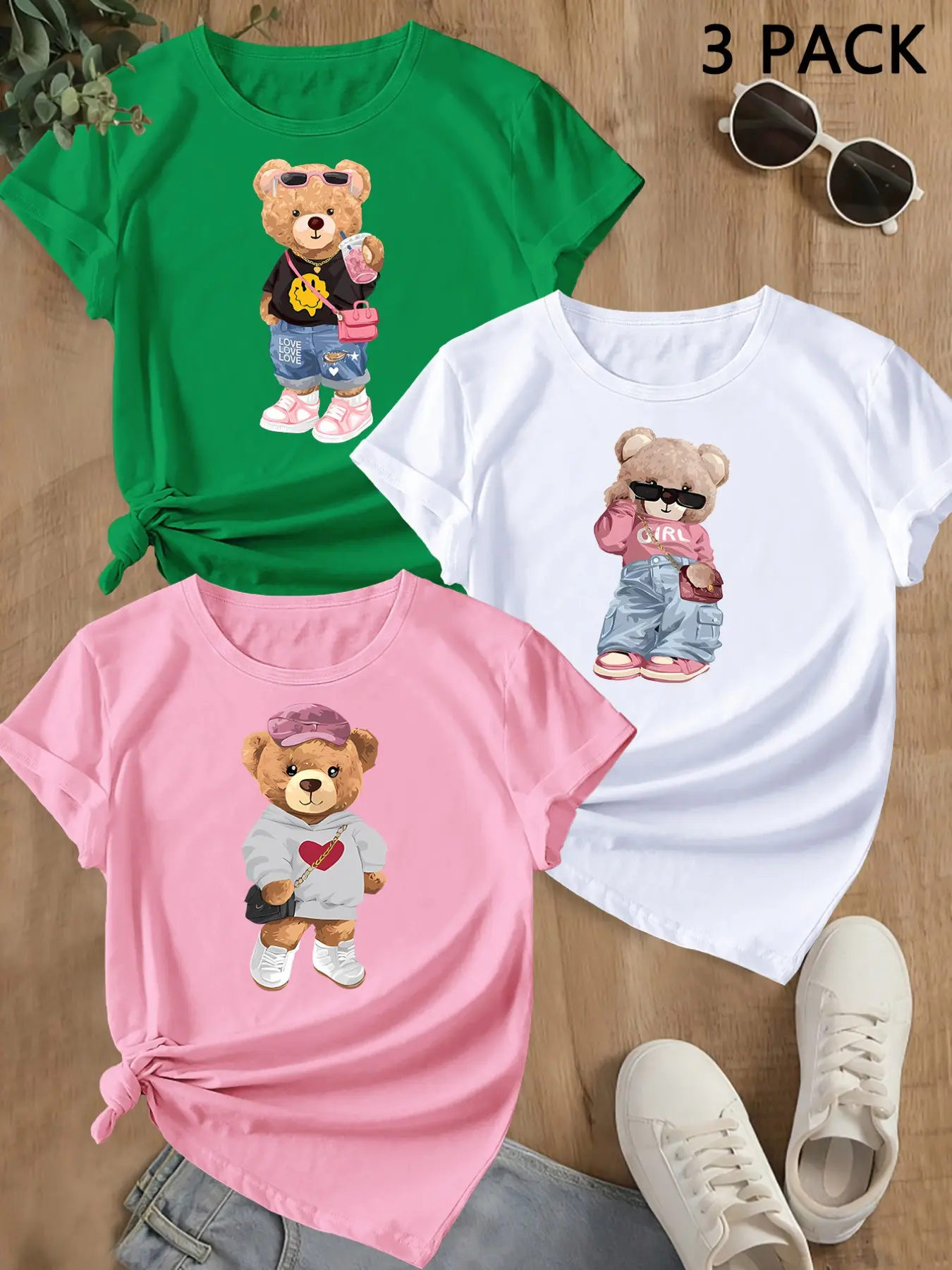 Summer Trendy Short Sleeve T-Shirt, Bear Print Sport Style, Women's Casual Loose Fit, Comfortable Round Neck, Perfect for Outdoor Activities