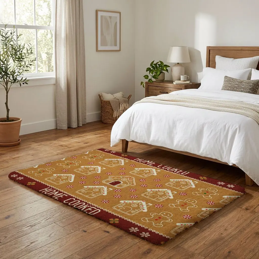 Festive gingerbread house and cookie pattern area rug with Home Cooked text is a perfect cozy home decor gift for family and friends during Christmas and holiday celebrations.