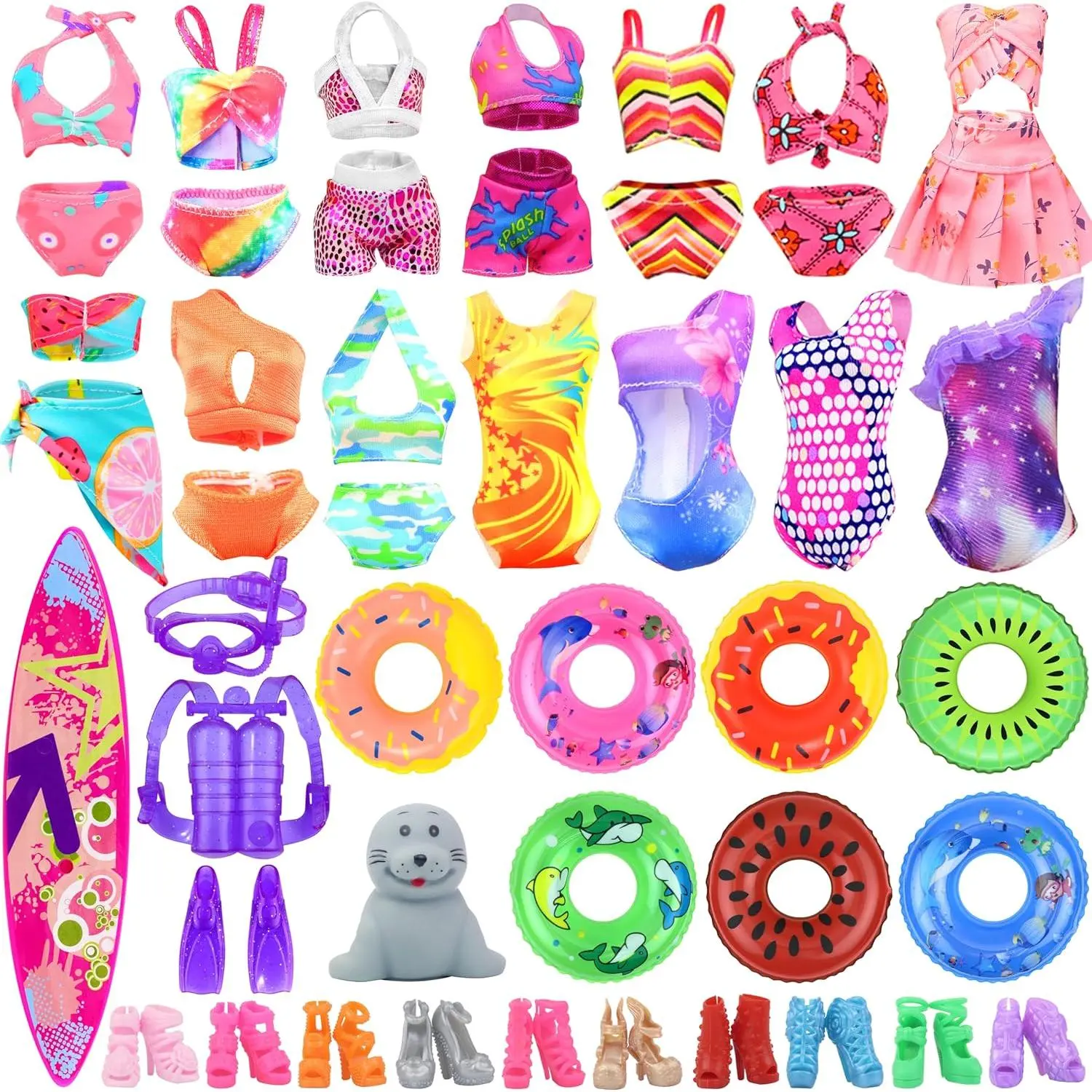 15 Items Doll Bathing Suits Pool Accessories Set for 11.5 inch Girl Dolls - 5 pcs Swimsuits, 5 Shoes, 2 Pool Floaties, 1 Set of 3 Diving Suit, 1 Toy Seal, 1 Surfboard