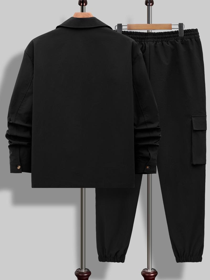 Men's Solid Color Pocket Button Front Jackets & Pants Two-Piece Set, Casual Long Sleeve Collar Top & Trousers Set, Men's Spring & Fall Clothes