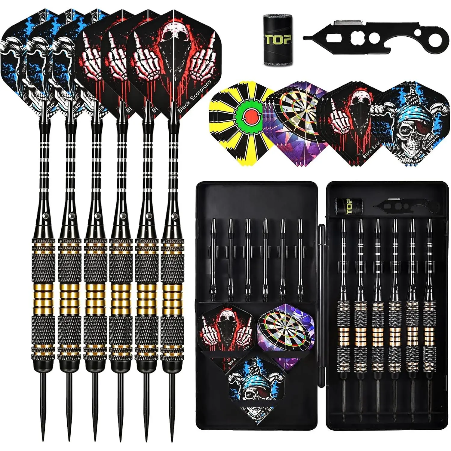 Unisex 22g Brass Tip Steel Dart Set (6-Pack) for Beginner Play, with 12 Aluminum Shafts, 12 Flights, Dart Tool, Sharpener for Adults