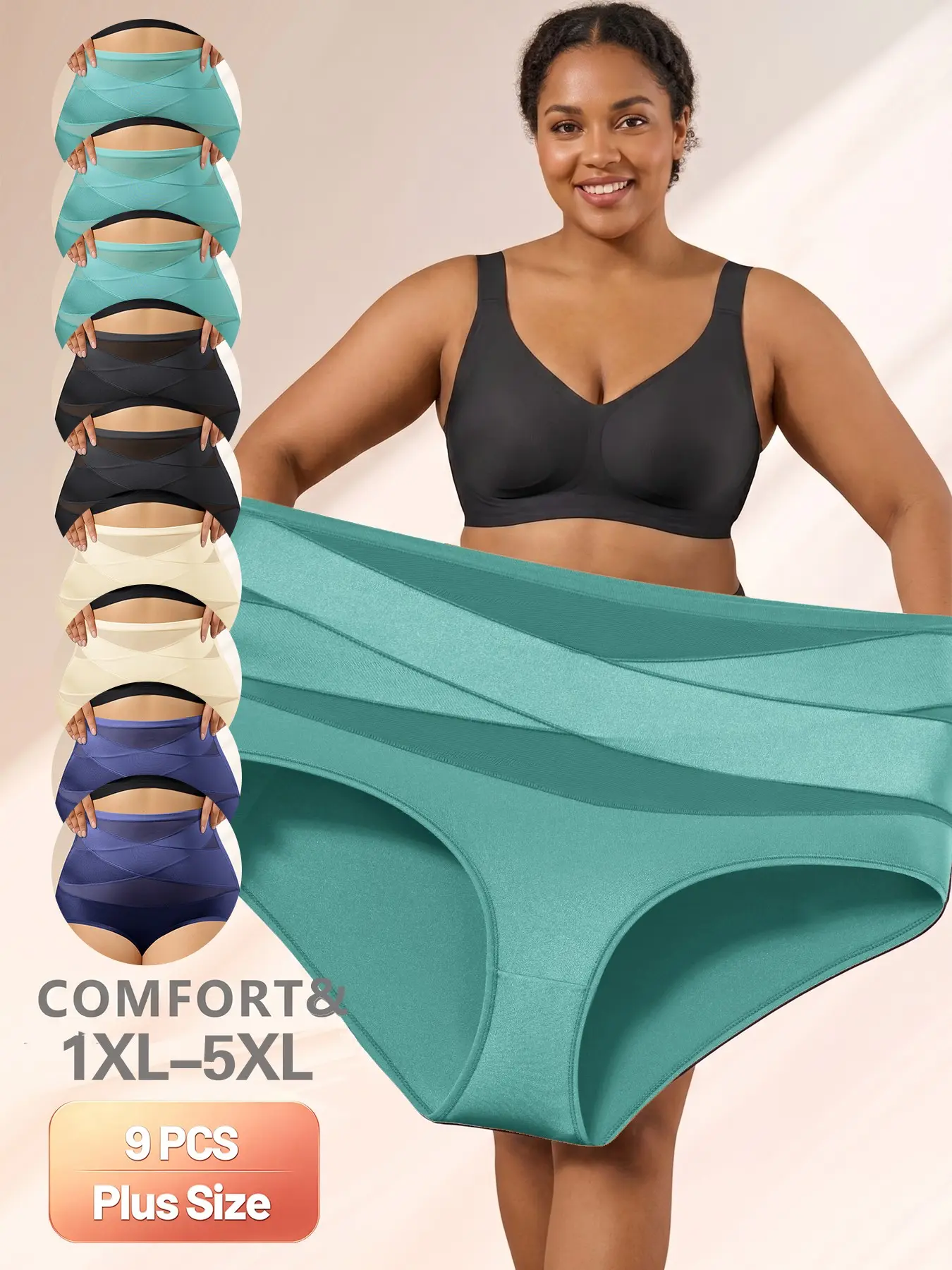 9pcs Comfortable Plus Size Shapewear Briefs, High Waist Belly Control Breathable Women's Underwear, All Season Daily Wear