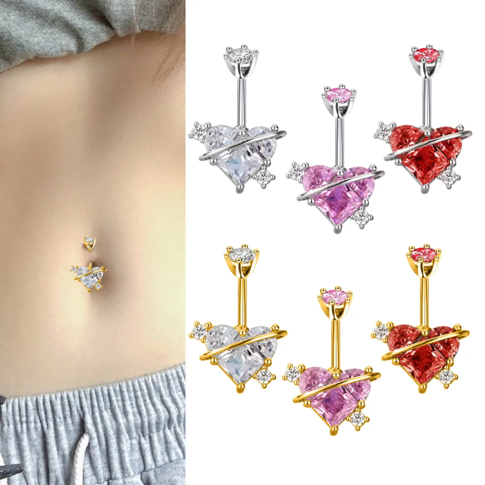 Fashion Colorful Heart Belly Rings & Stud Earrings, Unique Stainless Steel Piercing Jewelry, Elegant Cute Body Piercing Accessories for Daily Streetwear & Party Outfit Matching