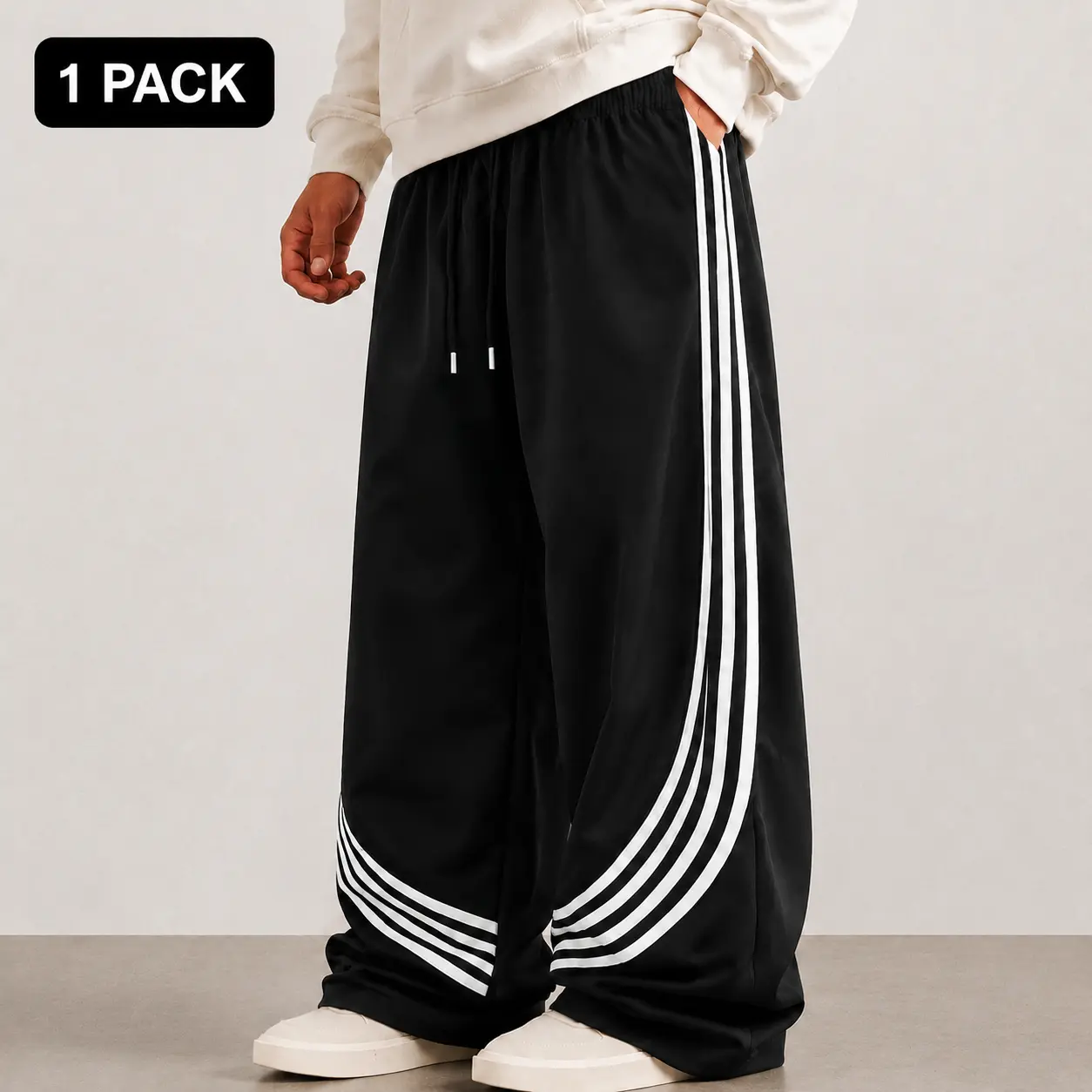 Men’s Wide Leg Track Pants, Black Baggy Pants with White Side Stripes, Elastic Waist Drawstring Streetwear Trousers for Casual Lounge, Dance, Hip Hop, Travel, Weekend Outfits, Loose Fit Athletic Style Pants for Men