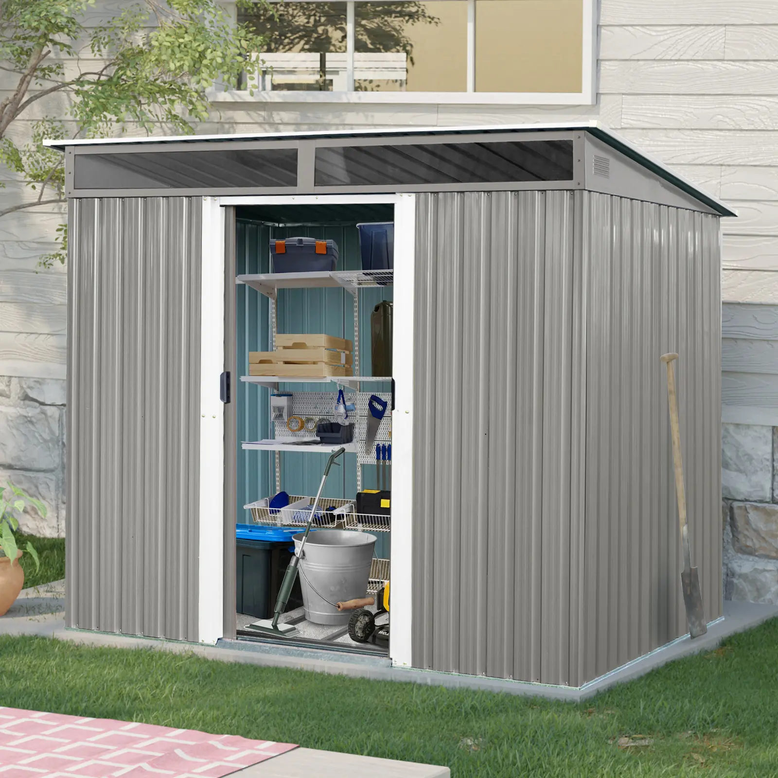 ARCH 8x6 ft Outdoor Metal Storage Shed with Lockable Sliding Doors, Transparent Panels, Galvanized Steel Tool Room for Garden, Lawn, Backyard, Patio, Gray, Gray Color Options, Metal Material, Product Dimensions: 68.50 W x 93.75 D x 77.25 H in