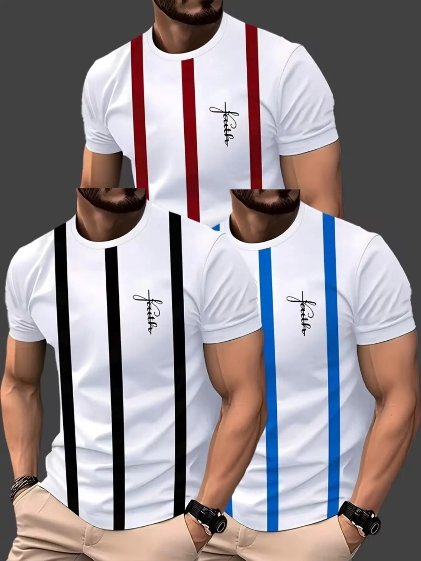 Men's 3-Pack Short Sleeve Tees, Vertical Stripe Handwritten Letter Print, Round Neck, Slim Fit, Breathable, Casual Summer Wear