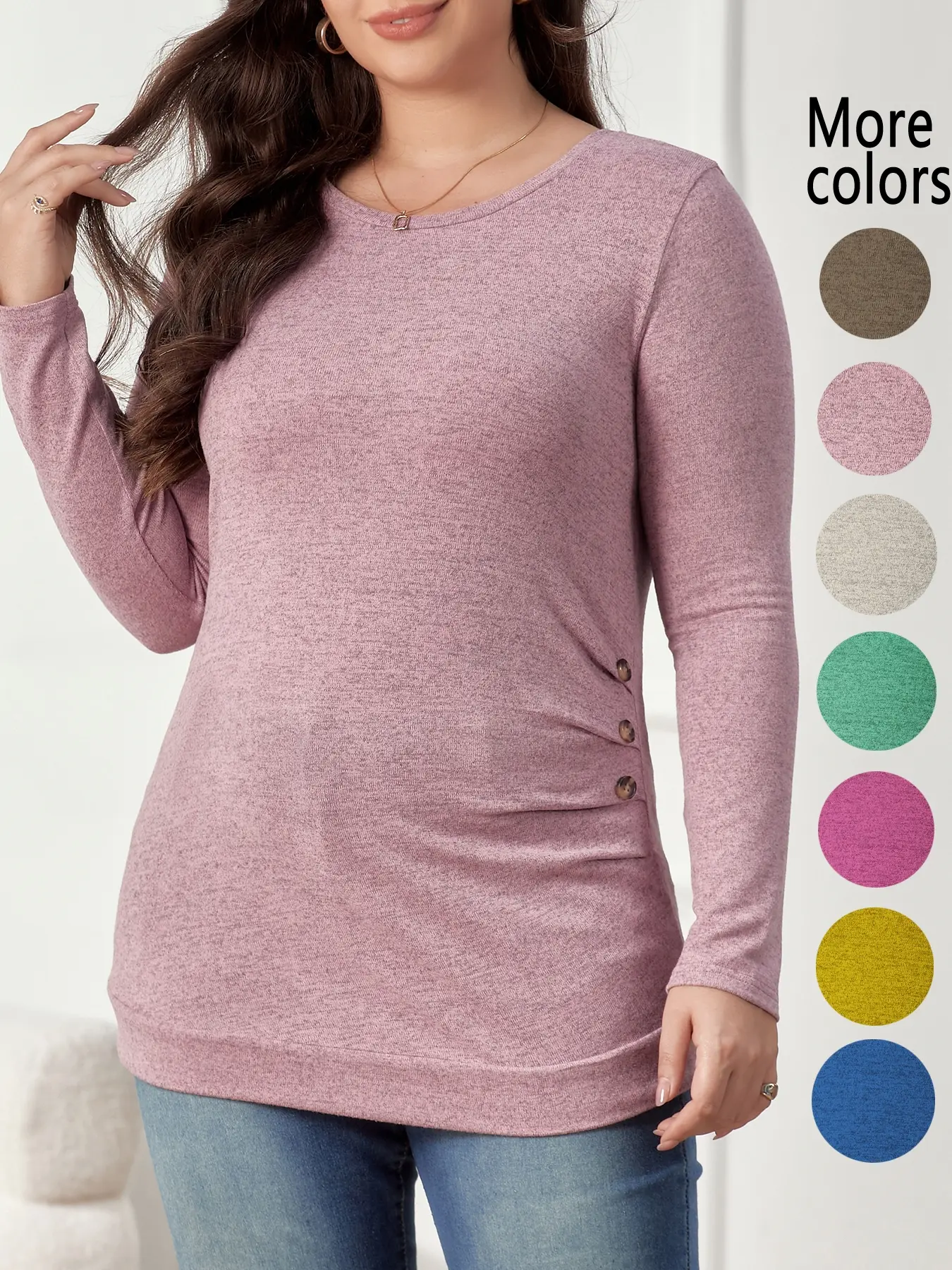 [Plus Size] 1 Plus-Size Crew-Neck T-Shirt, Basic, High Elasticity, Casual and Easygoing Style, Side Button Decorations Add Details, Long Sleeves & Slim Fit, Fitted, Suitable for Plus-Size Women's Daily Outings and Relaxed Office Scenarios, Top