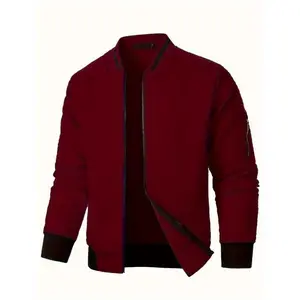Men's Casual Plaid Bomber Jacket - 100% Polyester Full-Zip Stand Collar Sweatshirt with Long Sleeves and Slight Stretch Fabric Menswear Coats