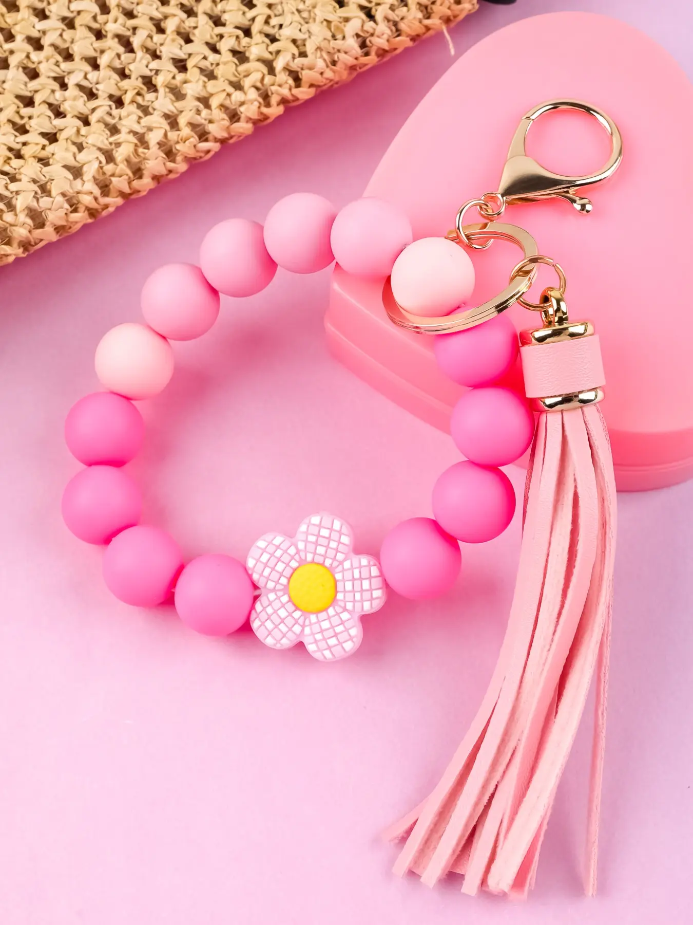 Silicone Beaded Wristlet Keychain, Plaid Flower Bead Bracelet Key Ring, Faux Leather Tassel, Women's Car Key Holder, Handbag Charm Gift