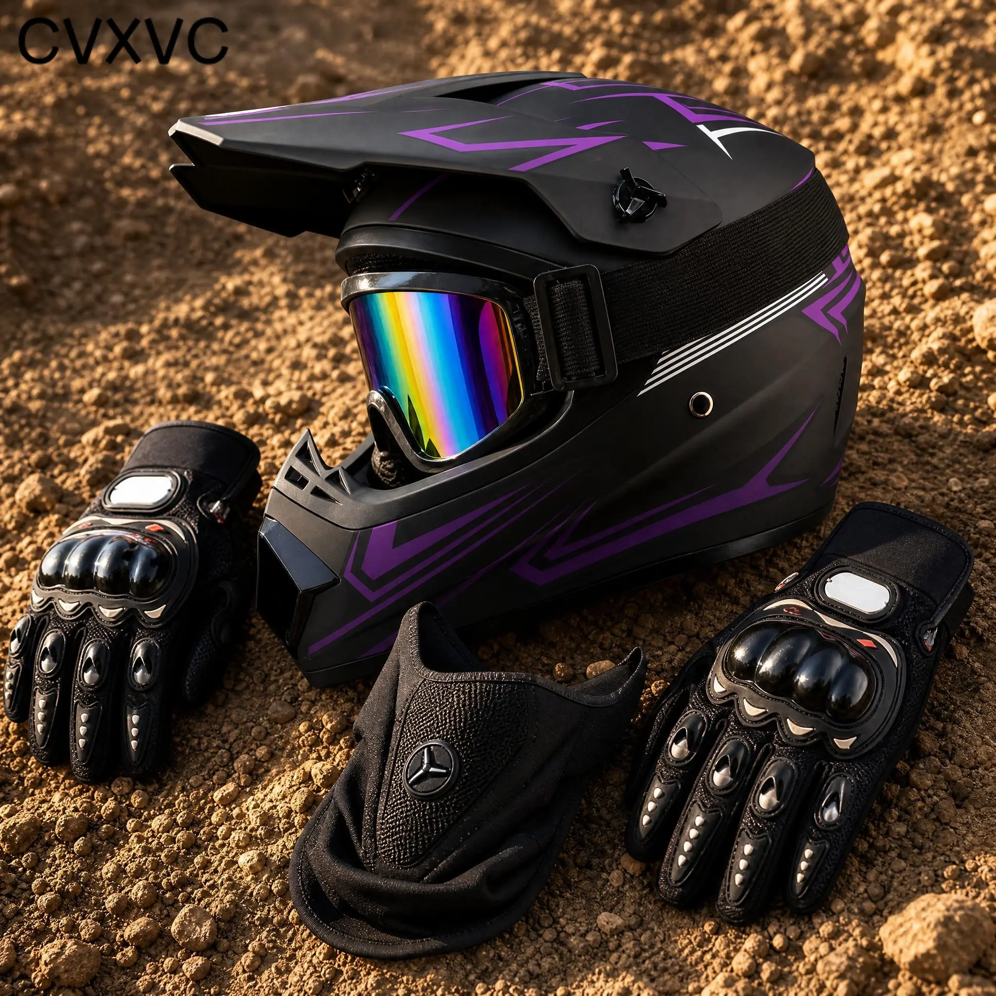 CVXVC Casco Moto Offroad Cara Completa, Carcasa Robusta & Gráficos Morado Mate, Set 4 Piezas con Accesorios Incluidos, Para Hombres Mujeres Motocross Enduro & Pista, Protección Máxima Cómodo Ventilado Ligero